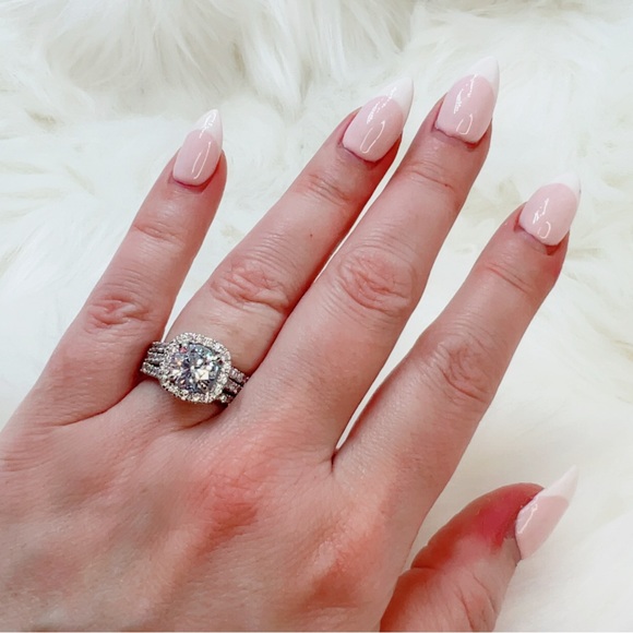 14k white gold 3 CT diamond ring round cut pave halo antique 7 style engagement - Picture 11 of 11